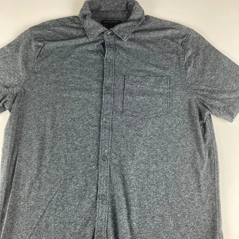 Banana Republic Mens Large Gray Heather Button Front Knit Shirt Pocket Casual L